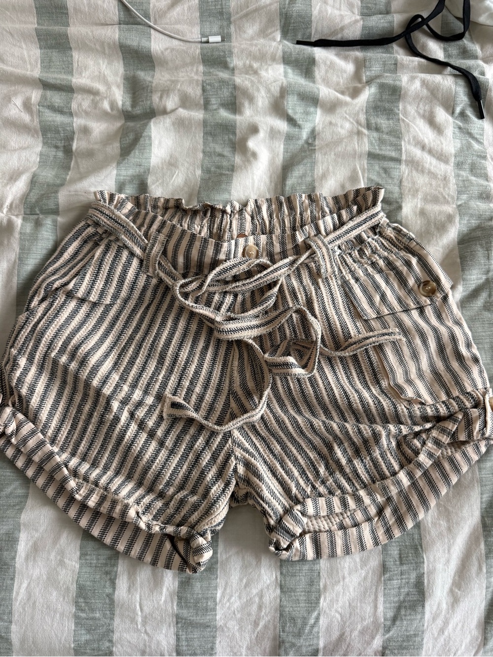 Free People Striped Paperbag Waist Shorts - Beige & Black